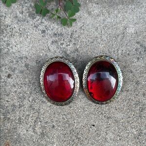 Vintage Red, Silver Oval Clip On Earrings